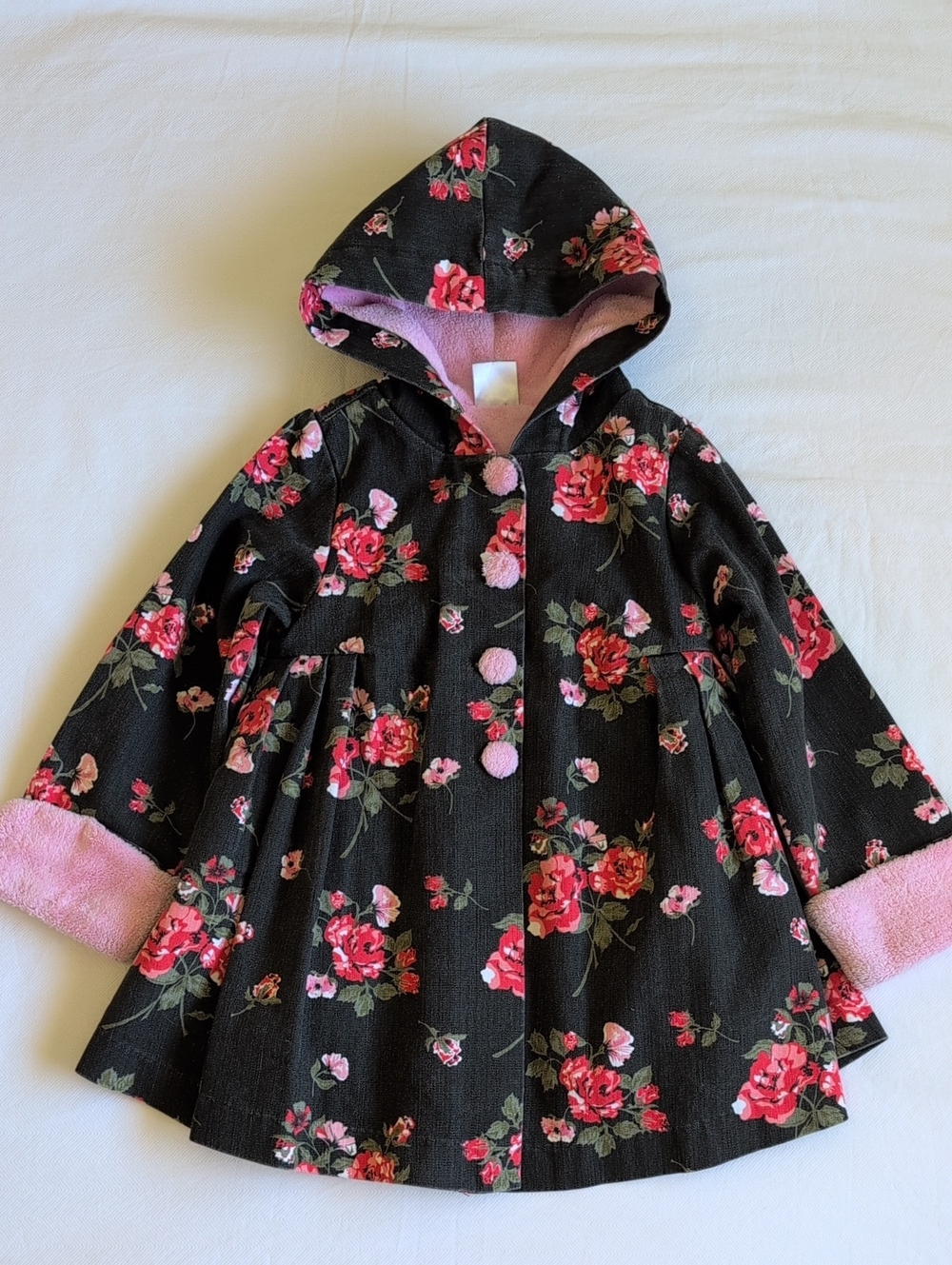 Maria Elena Girls 4T Floral Hooded Swing Jacket Coat Pink Fleece Lined Cozy